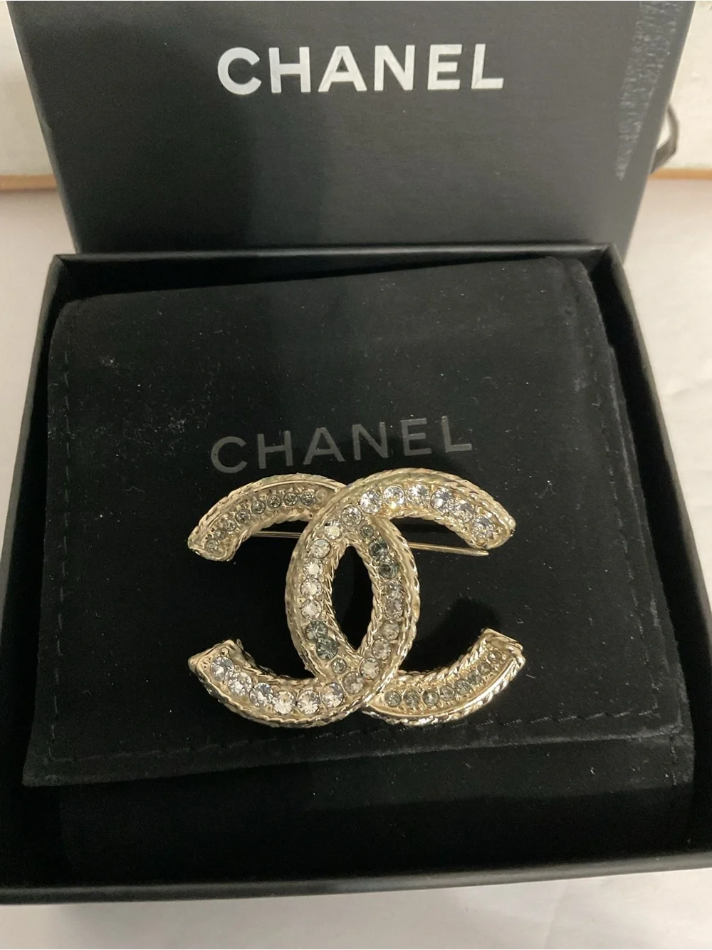 CHANEL Gold Tone Crystal CC Logo Brooch Vintage